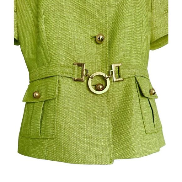 Tahari Arthur S. Levine Women’s Green Belted Textured Button-Up Blouse Size 10P - Picture 2 of 8
